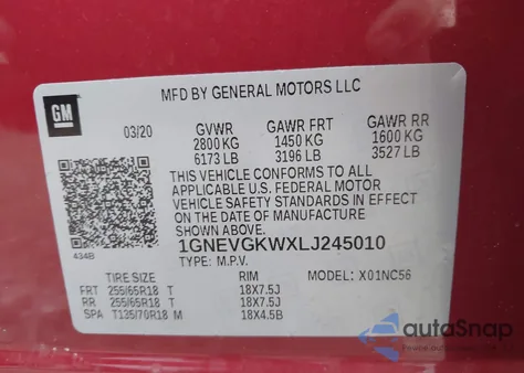 2020 Chevrolet Traverse Awd Lt Cloth из США, поврежденный, VIN 1GNEVGKWXLJ245010